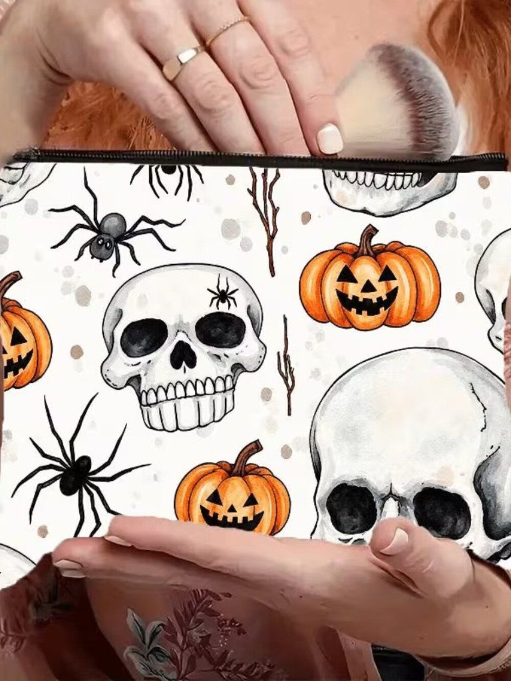 Halloween Gothic Skull & Pumpkin w Spider Makeup Bag Double-Sided 6.3"h x 8.7"w